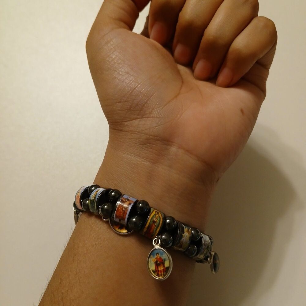 VTG Hematite Religious Icon Tile Bracelet Catholic Saints Charms Cross Stretchy - Picture 3 of 8